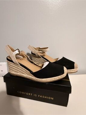 IDIFU Black and Beige Espadrille Wedge Sandals with Ankle Strap